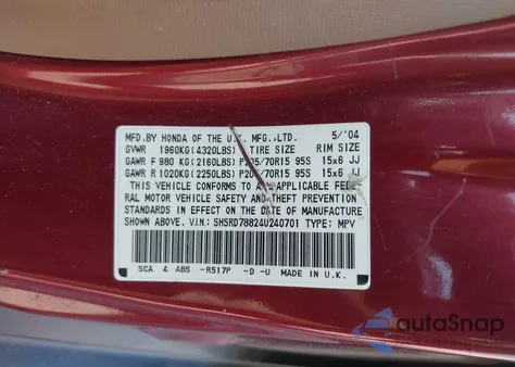 2004 Honda Cr-V Ex from USA, damaged, VIN SHSRD78824U240701